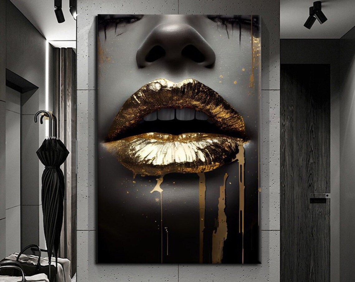 Woman Golden Lips Dripping Gold Black White Photo Beauty Art Wall Poster