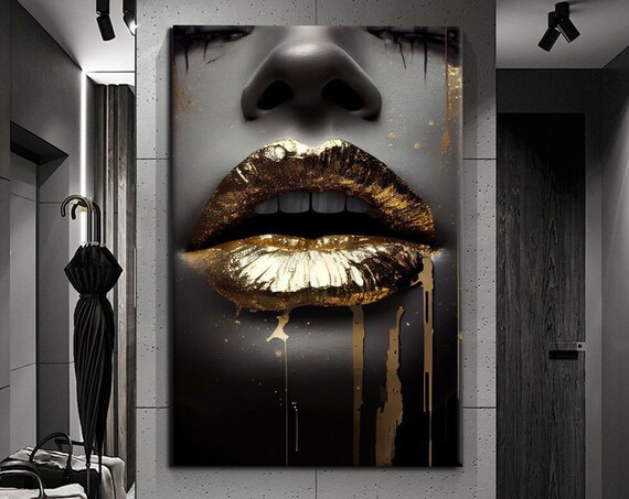 Woman Golden Lips Dripping Gold Black White Photo Beauty Art Wall Poster