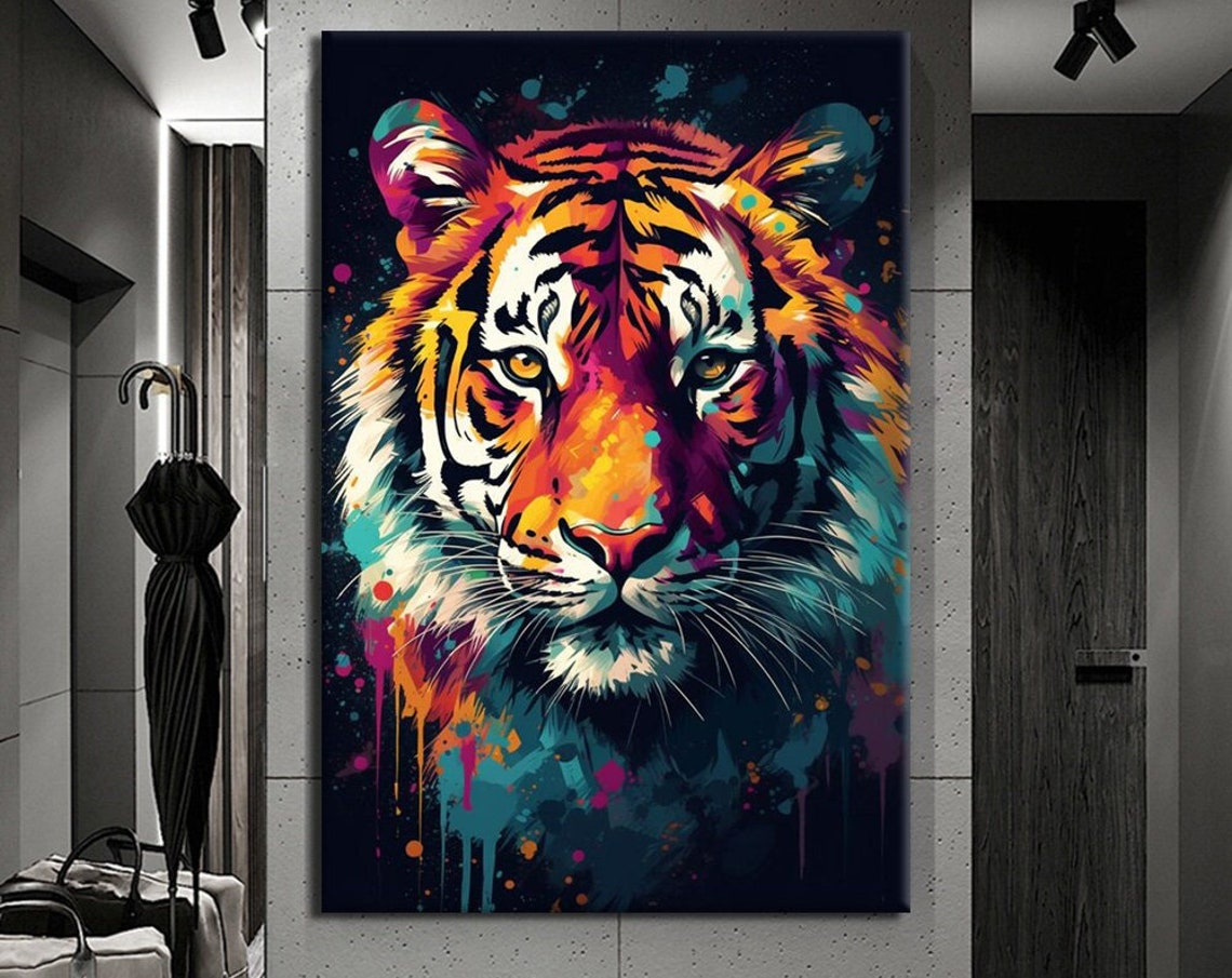 Colorful Pop Art Tiger Portrait Neon Paint Splash Wildlife Wall Poster