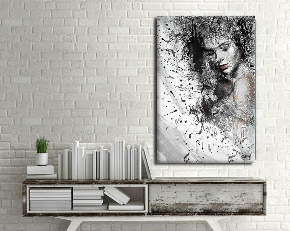 Black White Ink Splatter Woman Portrait Abstract Modern Art Print