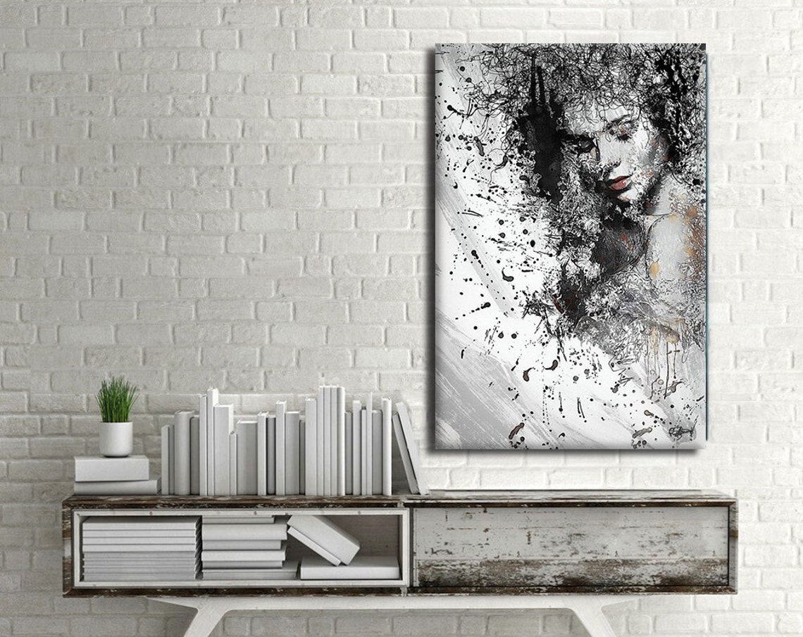 Black White Ink Splatter Woman Portrait Abstract Modern Art Print