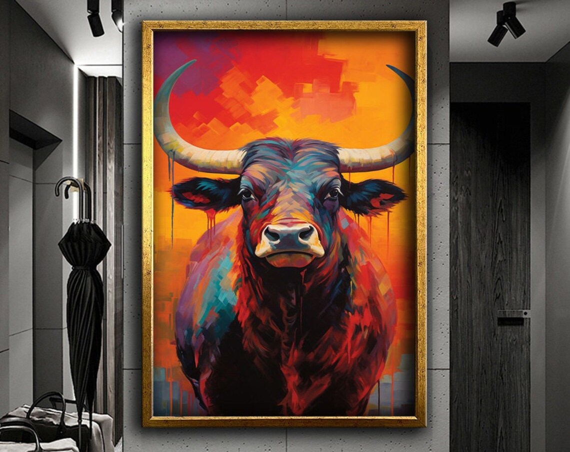 Colorful Longhorn Bull Abstract Fiery Orange Background Art Poster