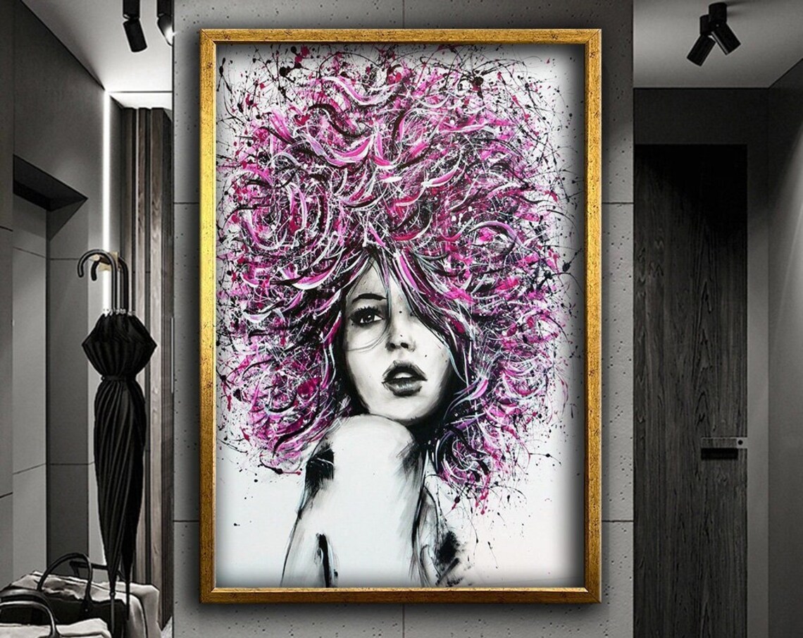 Woman Pink Afro Paint Splash Black White Abstract Portrait Poster