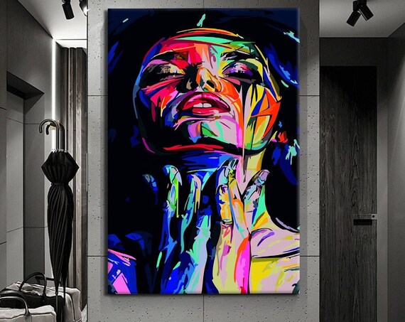 Neon Pop Art Woman Portrait Hands Vibrant Colorful Modern Canvas Art Poster