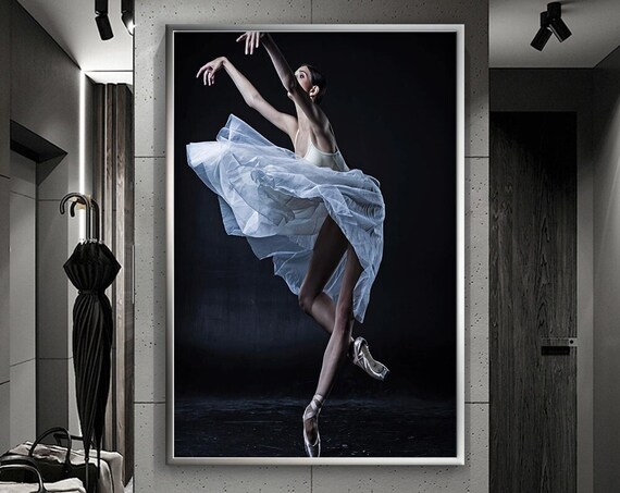 Ballerina In White Dress Mid Leap Dark Background Dance Art Poster
