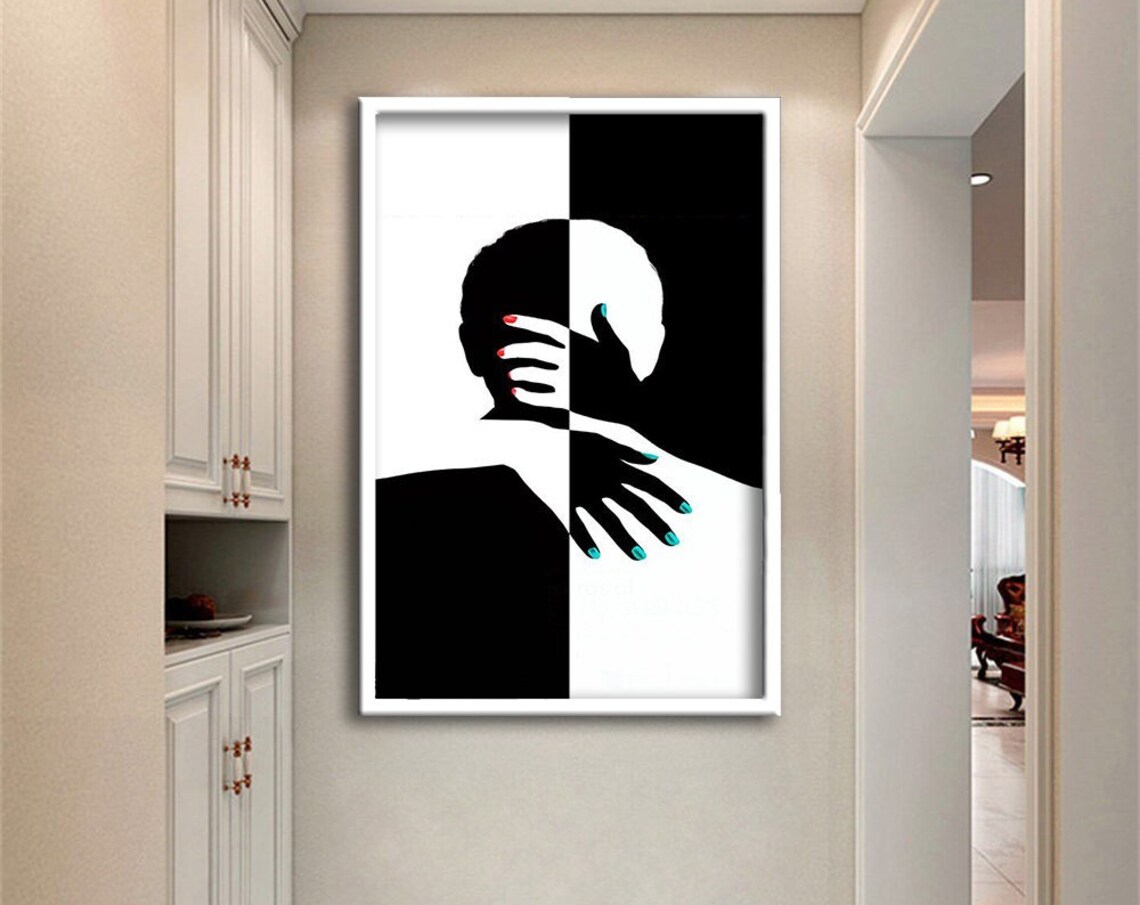 Kissing Couple Black White Yin Yang Love Silhouette Art Poster