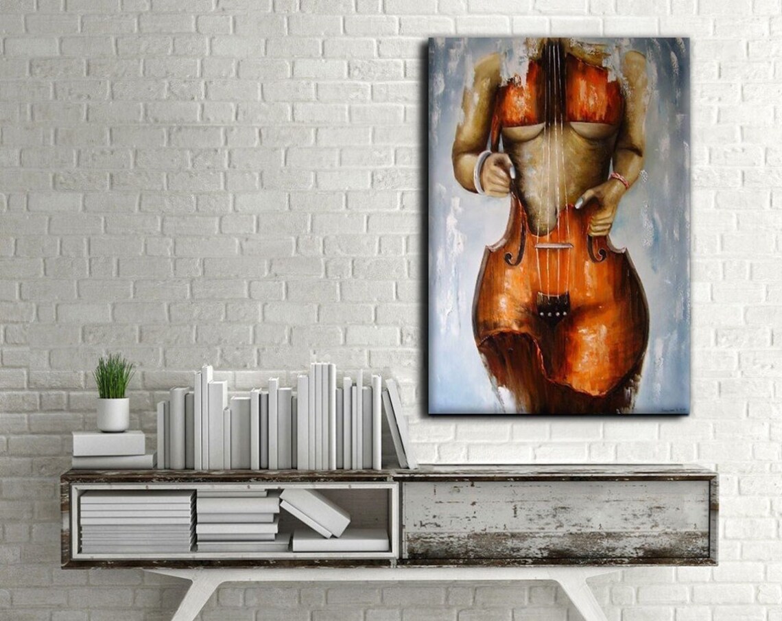 Elegant Nude Woman Cello Surreal Oil Painting Music Art Print