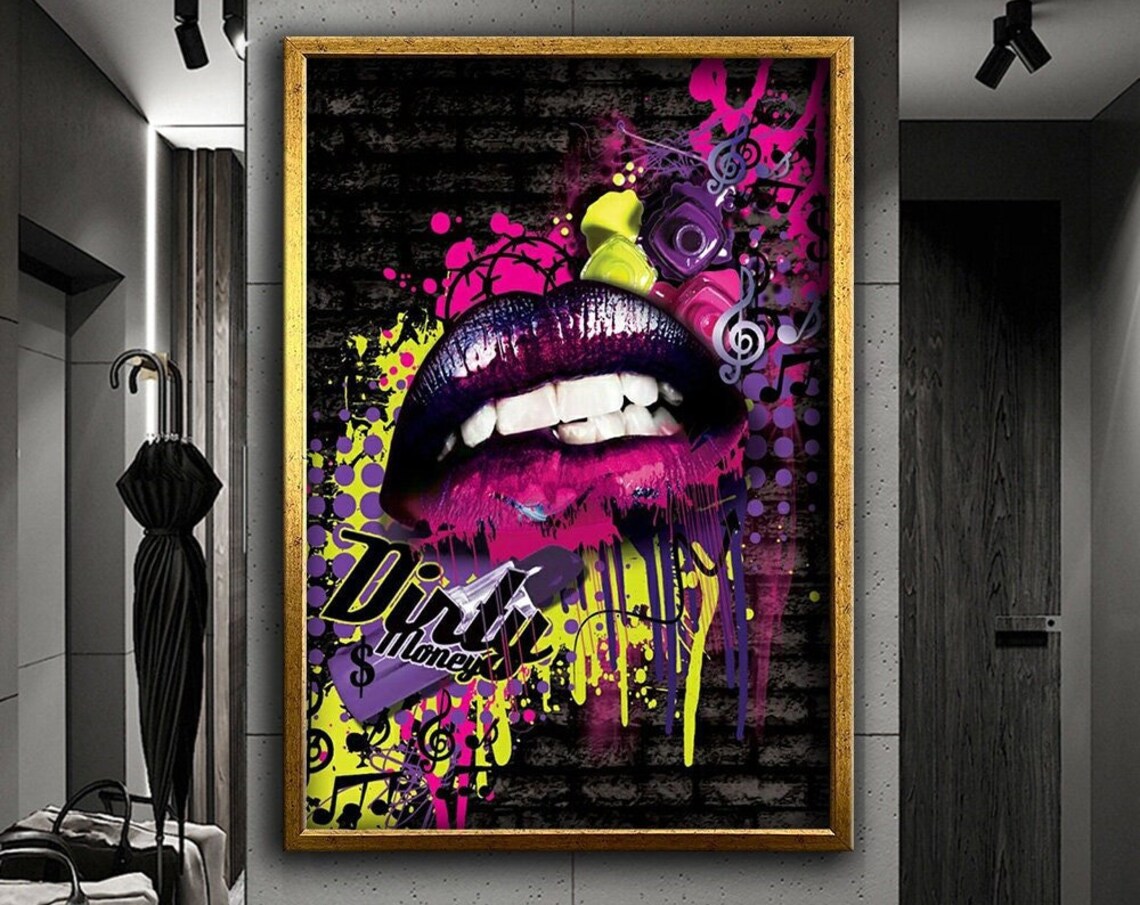 Dirty Money Graffiti Lips Neon Music Notes Pop Urban Street Art Poster