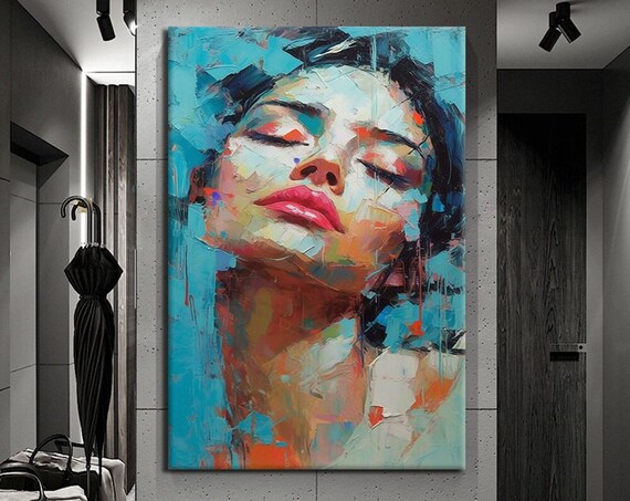 Impressionist Woman Face Eyes Closed Turquoise Palette Knife Painting Art Print