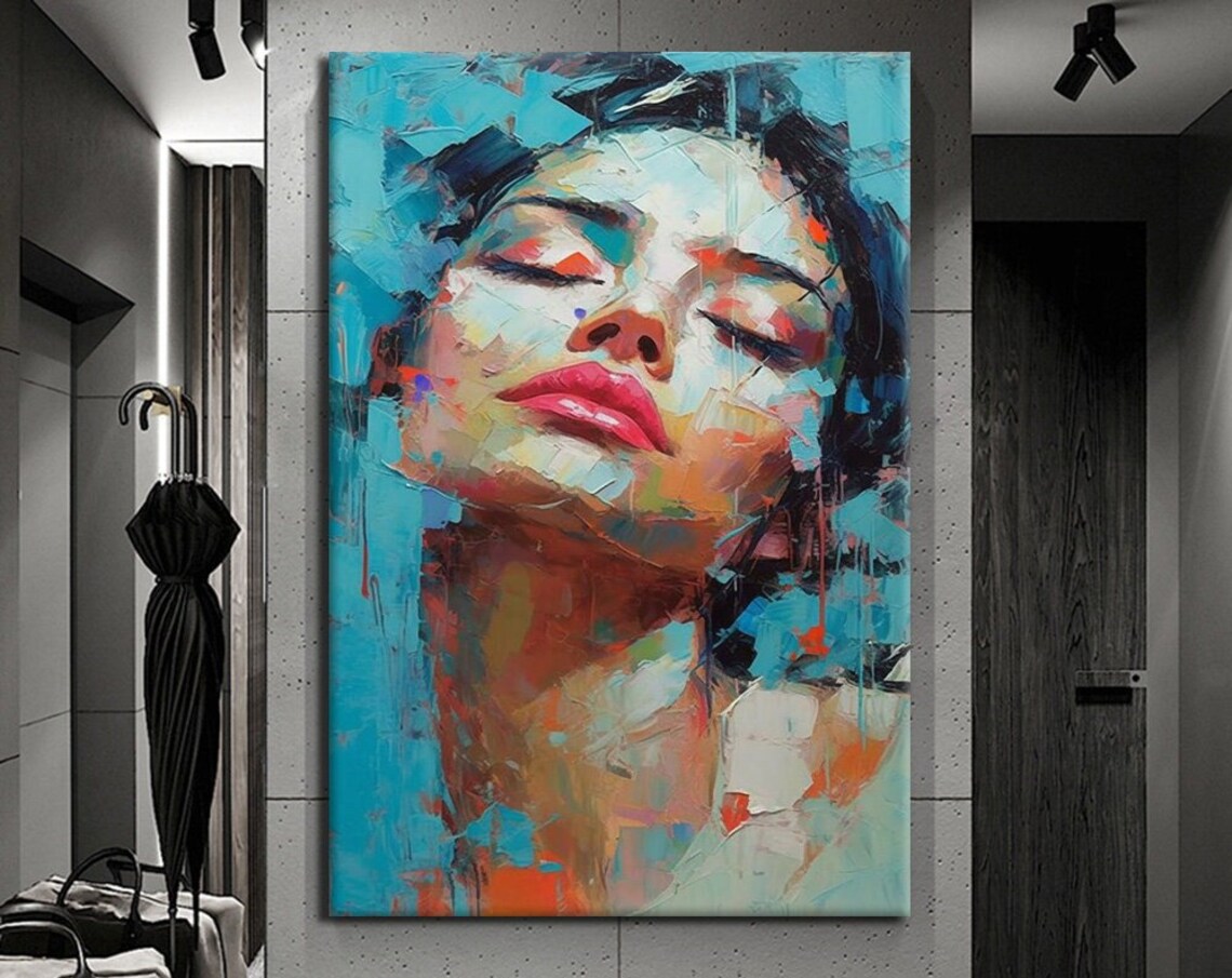 Impressionist Woman Face Eyes Closed Turquoise Palette Knife Painting Art Print