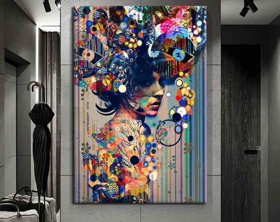 Colorful Surrealist Woman Portrait Collage Floral Pattern Modern Wall Poster