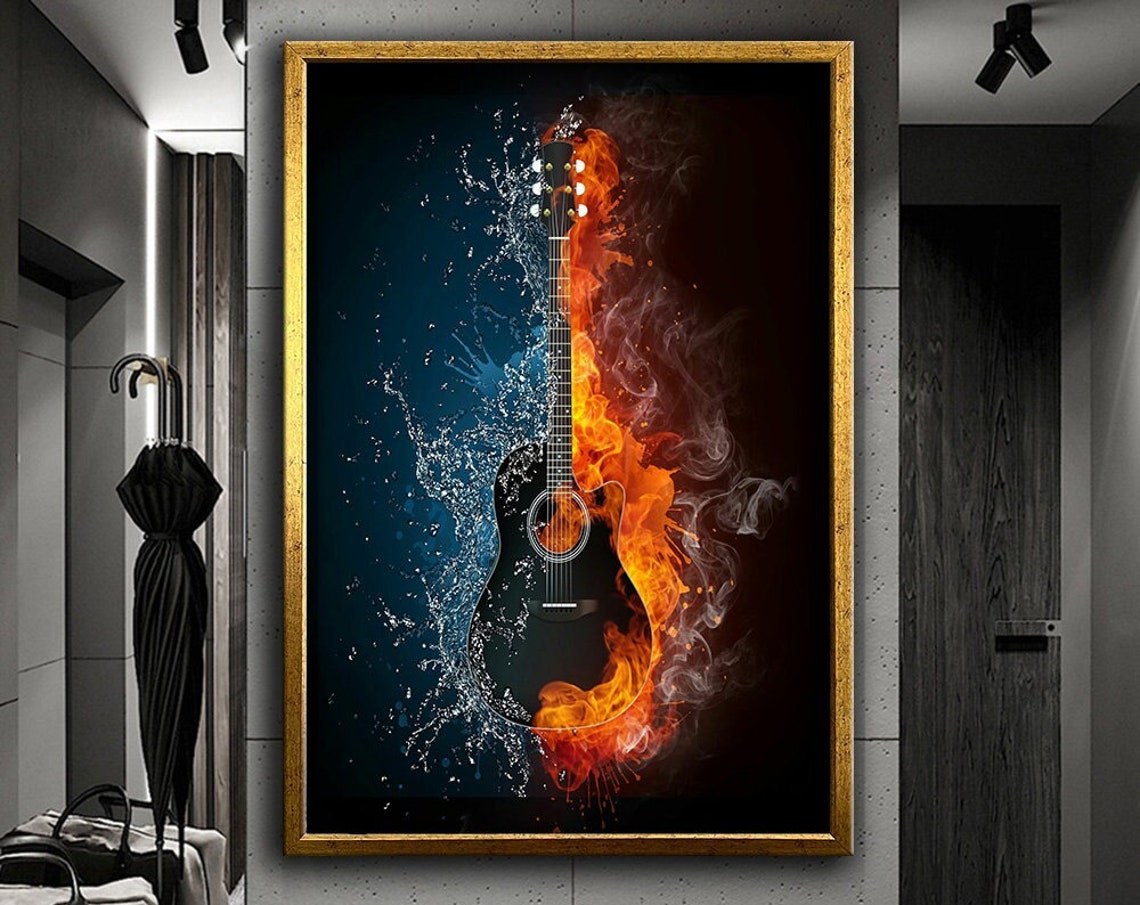 Acoustic Guitar Fire And Water Split Surreal Music Wall Art Poster