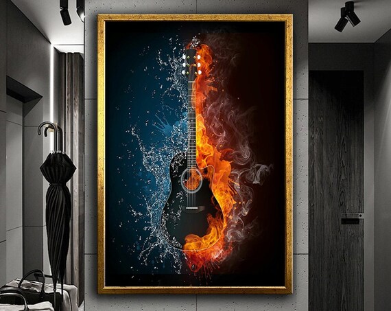 Acoustic Guitar Fire And Water Split Surreal Music Wall Art Poster