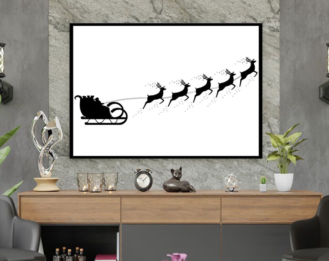 Santa Sleigh And Reindeer Silhouette Minimalist Christmas Wall Art