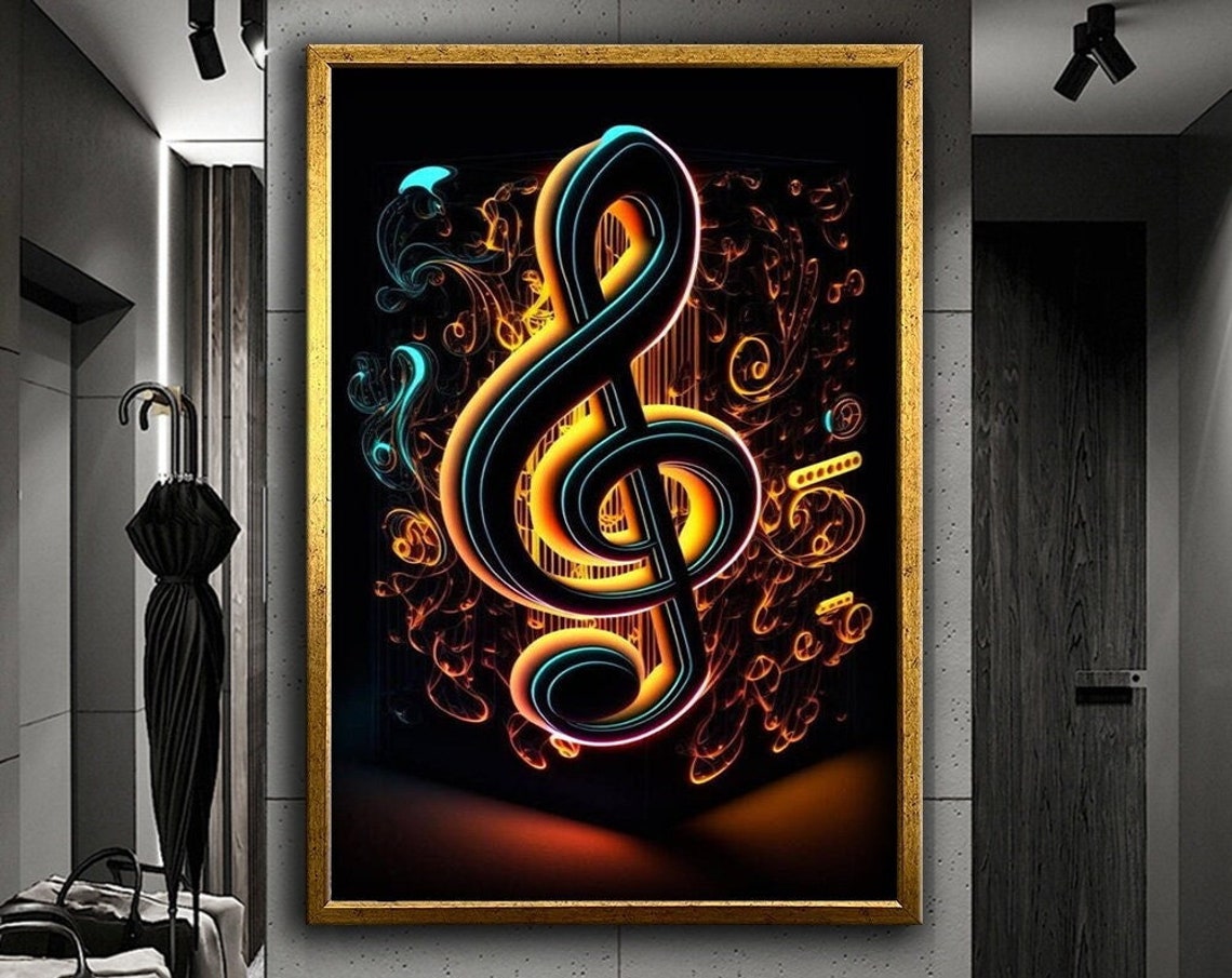 Glowing Neon Treble Clef Orange Teal Smoke Dark Background Art Poster