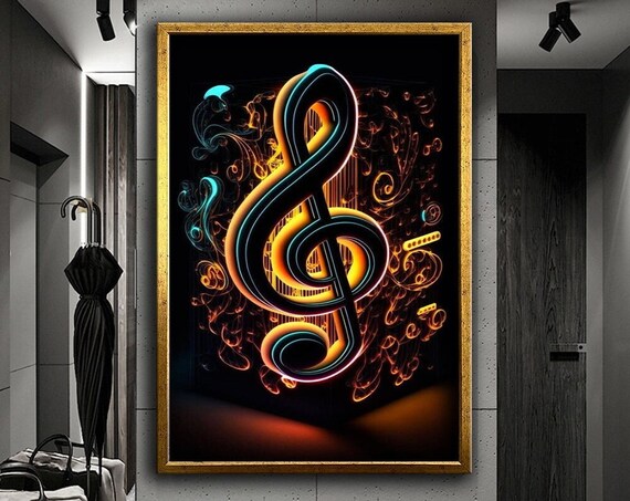 Glowing Neon Treble Clef Orange Teal Smoke Dark Background Art Poster