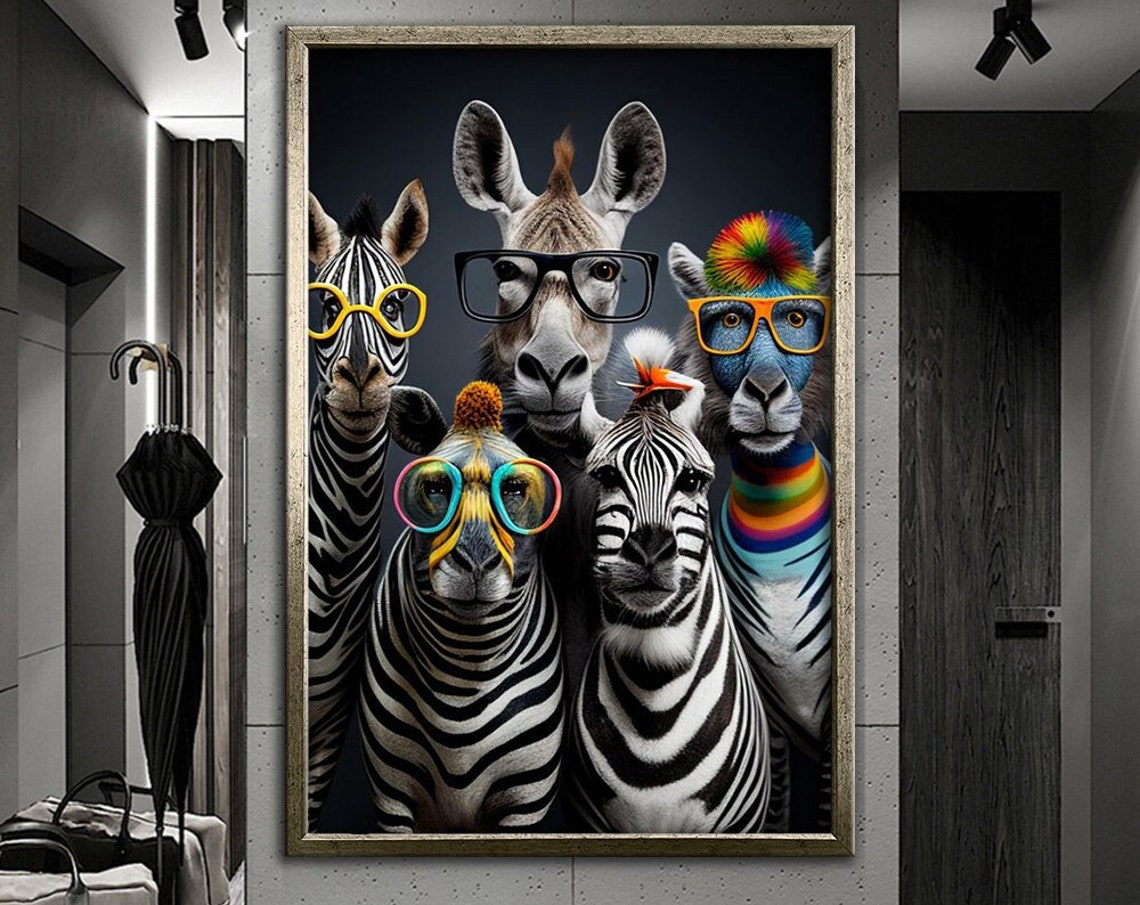Zebras Wearing Colorful Glasses Fun Safari Animal Portrait Art Poster