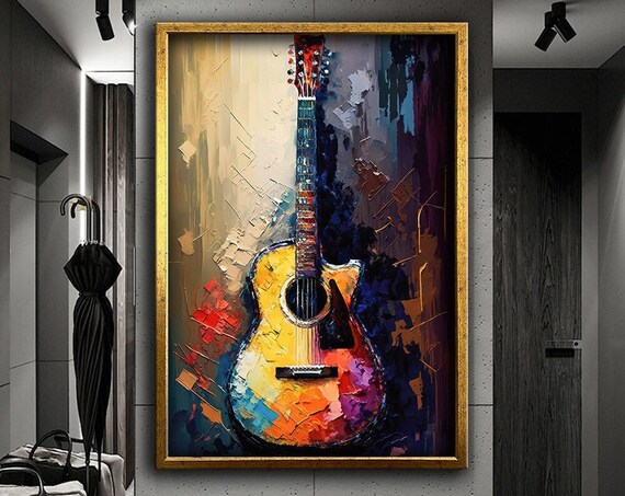 Acoustic Guitar Colorful Impasto Oil Painting Music Lover Decor Wall Poster