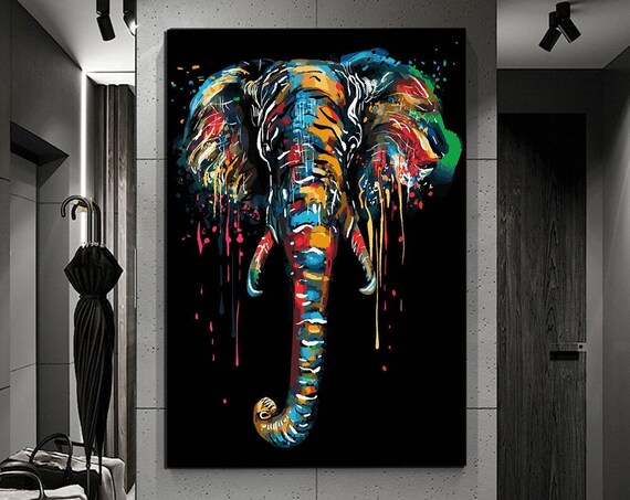 Colorful Elephant Head Paint Drips Black Background Animal Art Print