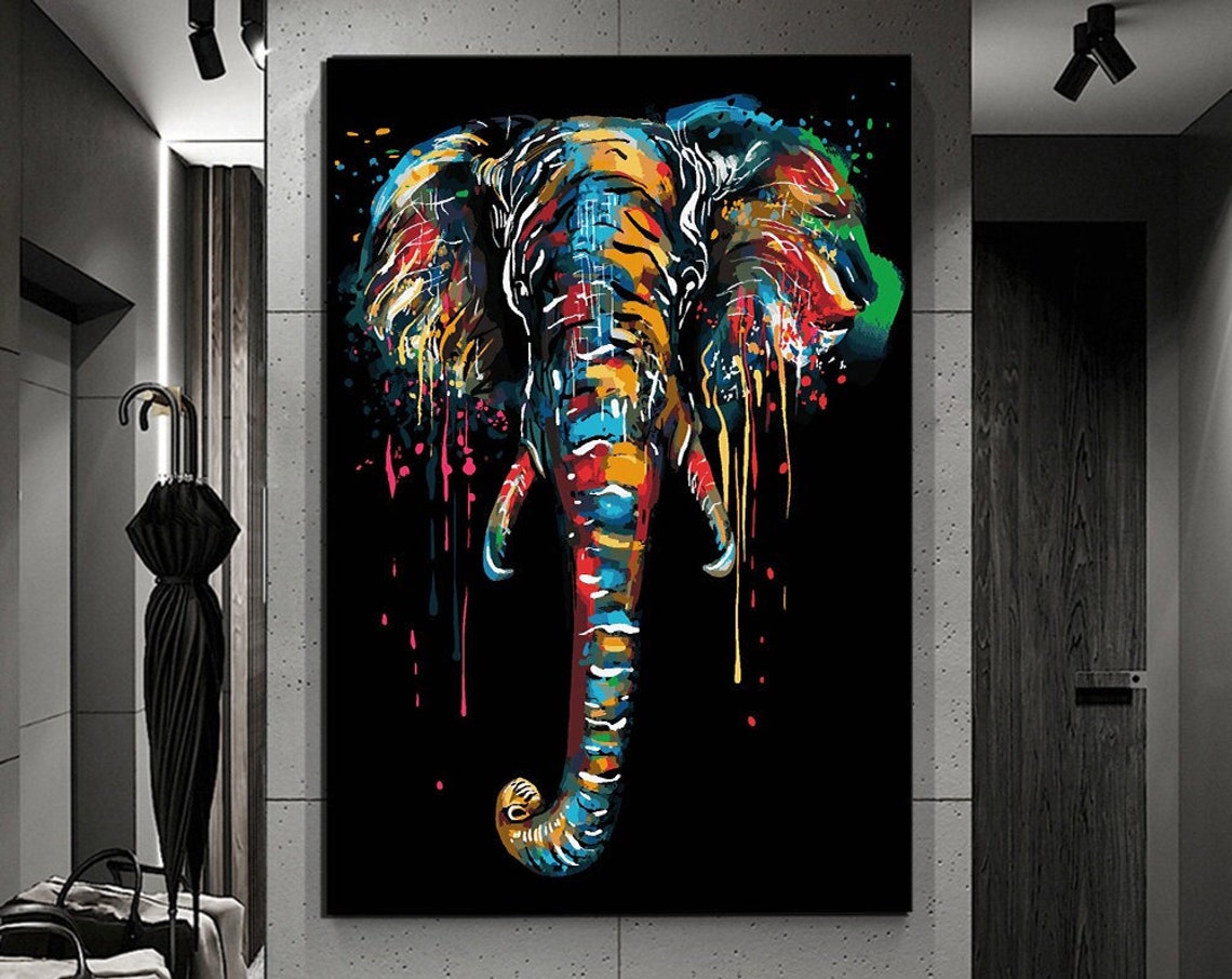 Colorful Elephant Head Paint Drips Black Background Animal Art Print