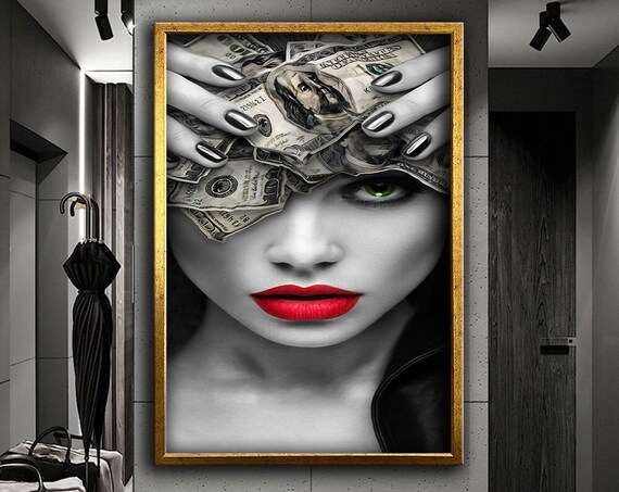 Money Over Eyes Red Lips Black White Glam Woman Fashion Poster