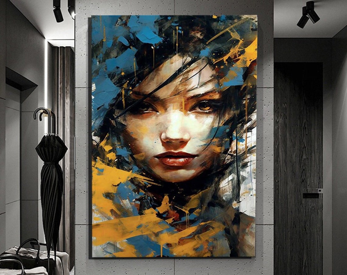 Abstract Woman Portrait Blue Gold Bold Brushstrokes Modern Art Print