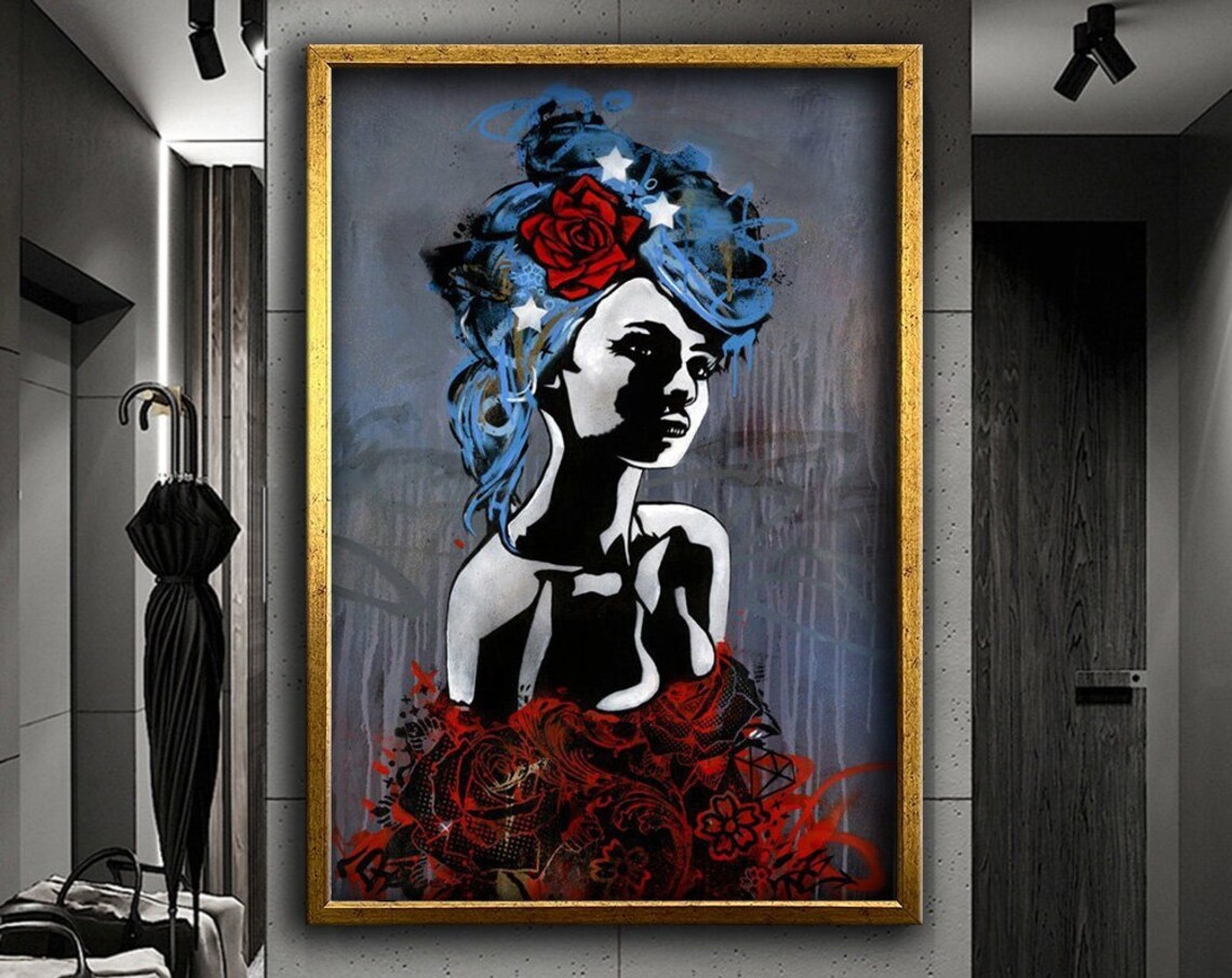 Stencil Pop Art Woman Blue Hair Red Roses Graffiti Style Poster