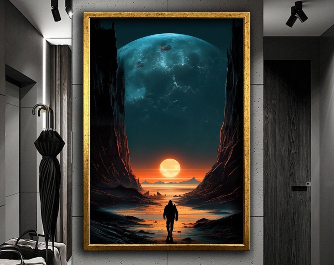 Lone Man Canyon Giant Planet Surreal Orange Sunset Space Art Poster