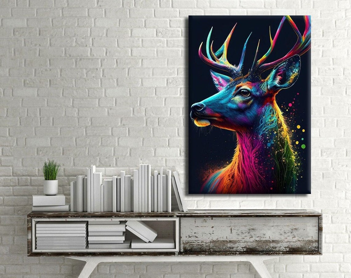 Neon Rainbow Deer Stag Profile Dark Background Animal Wall Art Print