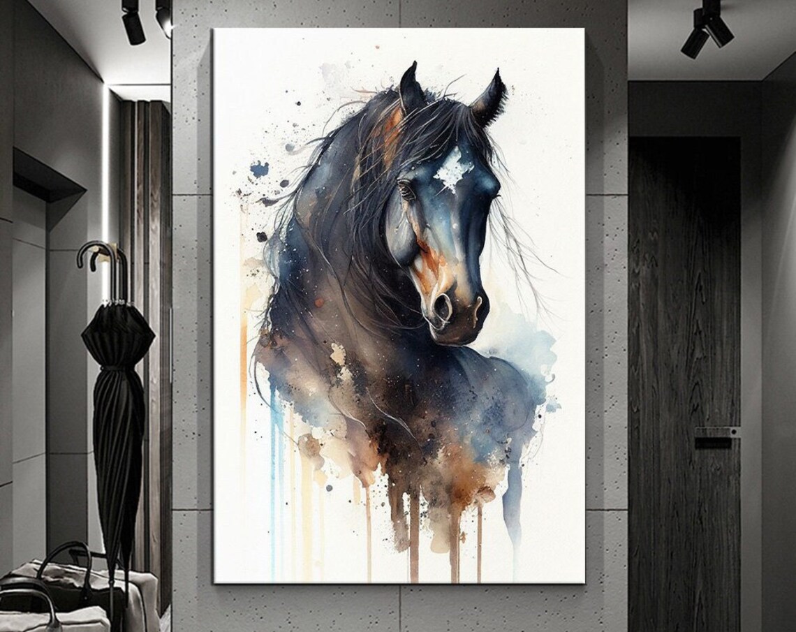 Black Horse Watercolor Splash Art Elegant Equine Portrait Poster