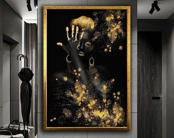 Modern Art Golden African Woman Abstract Design Print Wall Decoration Wall Art Ready To Hang Painting Gift