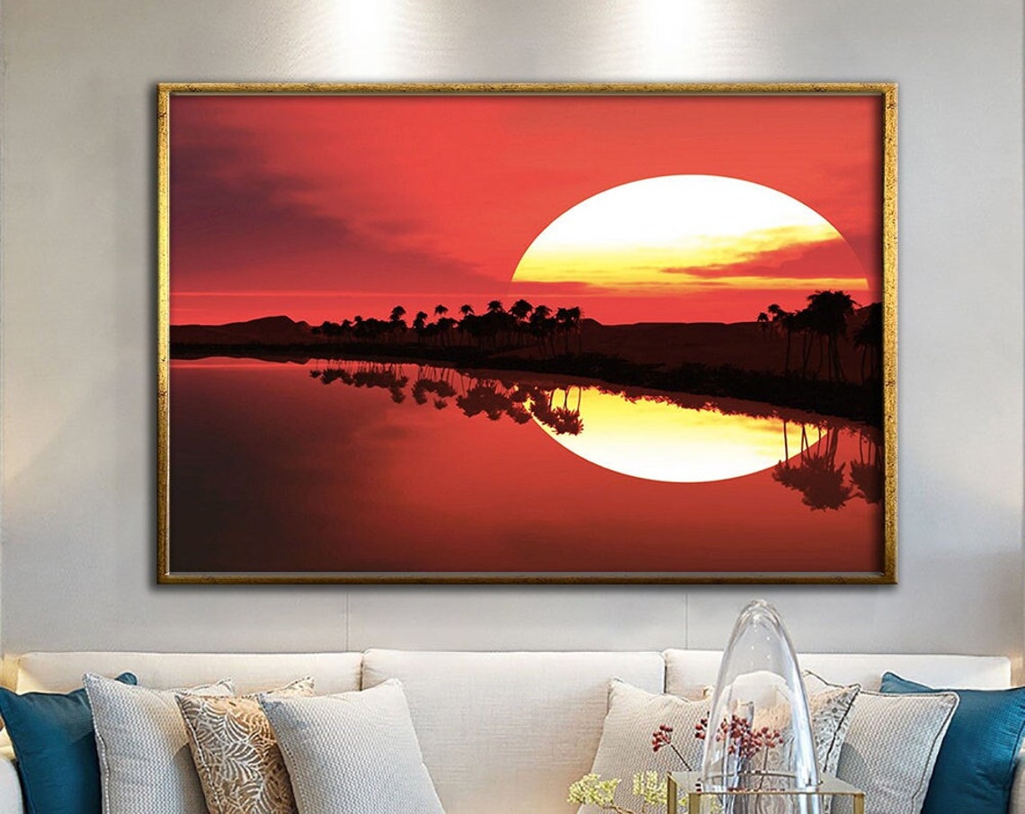 Tropical Sunset Huge Sun Over Lake Palm Silhouette Reflection Poster