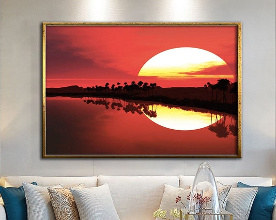 Sunset Landscape Painting Wall Decor Lake View And Sun Landscape Painting Ready To Hang Framed Wall Decor Wall Art