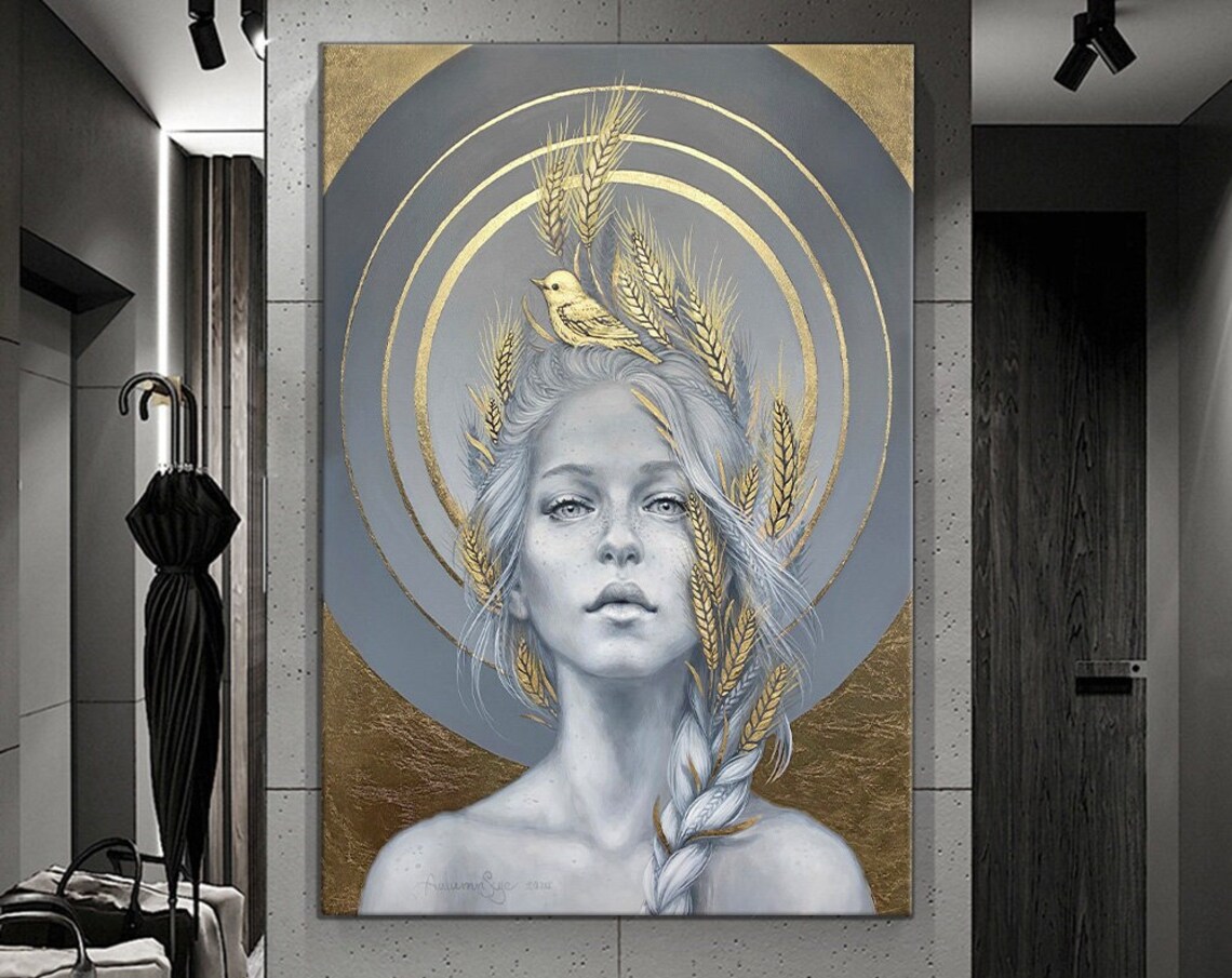 Golden Wheat Crown Woman Bird Halo Ethereal Portrait Art Print