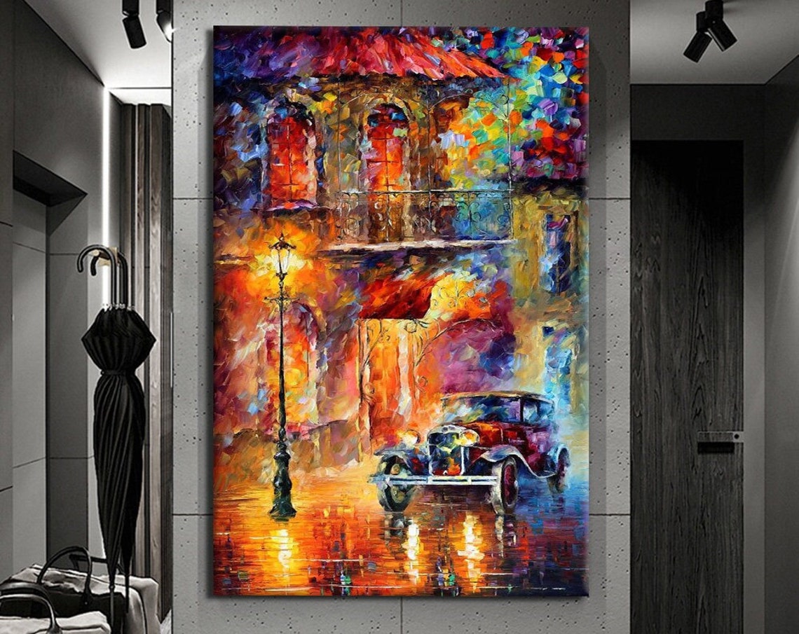 Rainy Vintage Street Night Car Lamp Impressionist Oil Painting Print