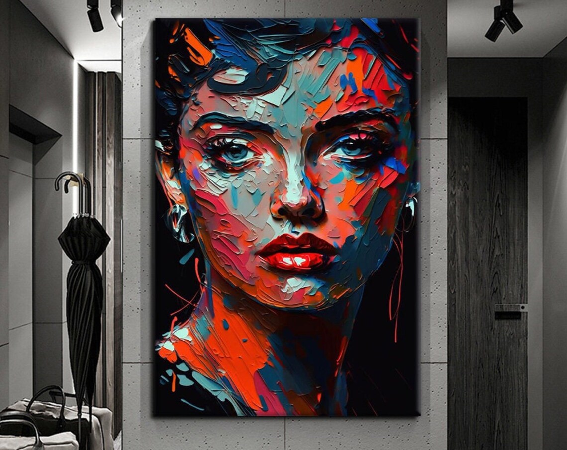 Woman Face Impasto Palette Knife Red Blue Modern Portrait Art Print