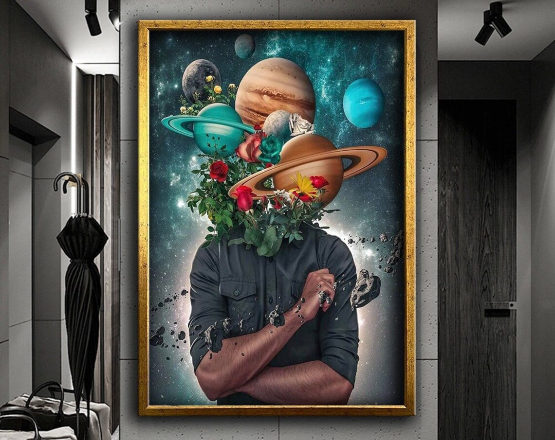 Man With Planets Flower Head Surreal Space Galaxy Collage Art Poster
