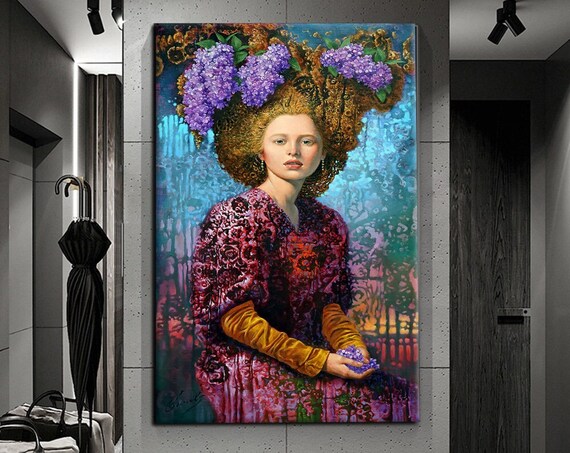 Renaissance Woman With Lilac Flower Crown Golden Curls Portrait Painting Poster