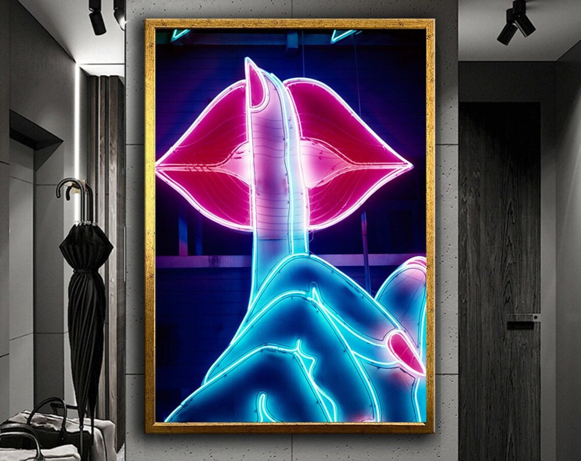 Neon Hush Sign Blue Hand Shush Pink Lips Nightclub Style Poster