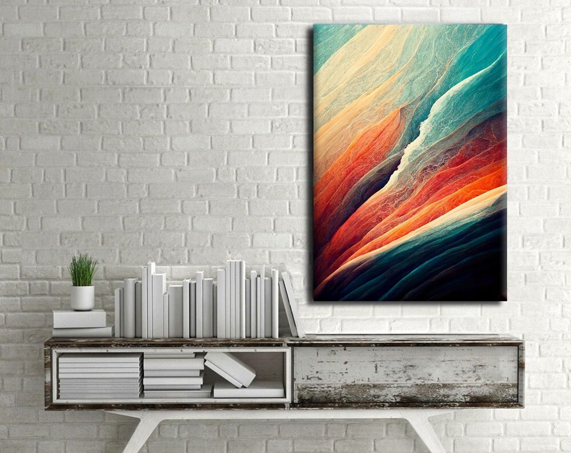 Abstract Flowing Waves Teal Orange Coral Modern Art Wall Print