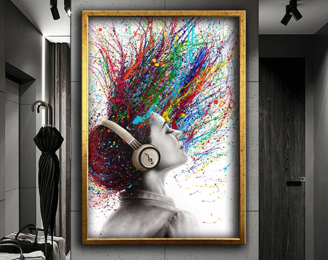 Woman With Headphones Colorful Paint Splash Hair Music Art Poster