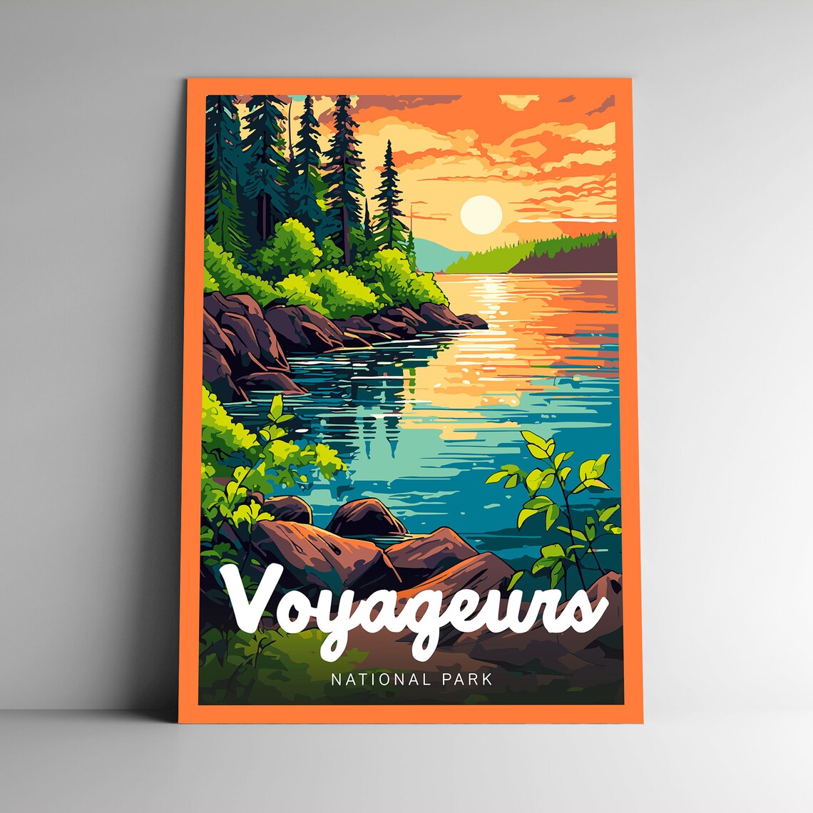 Voyageurs National Park Retro Lake Sunset Illustration Travel Poster