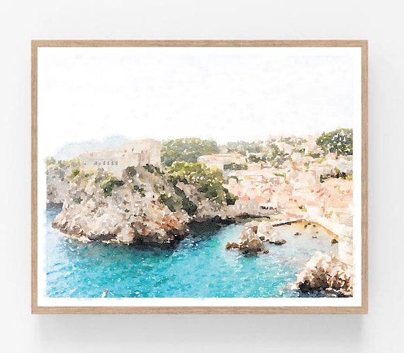 Dubrovnik Croatia Rocky Cliffs Turquoise Sea Coastal Watercolor Print