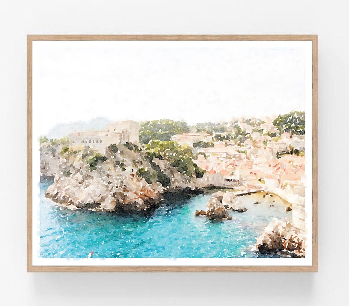 Dubrovnik Croatia Rocky Cliffs Turquoise Sea Coastal Watercolor Print