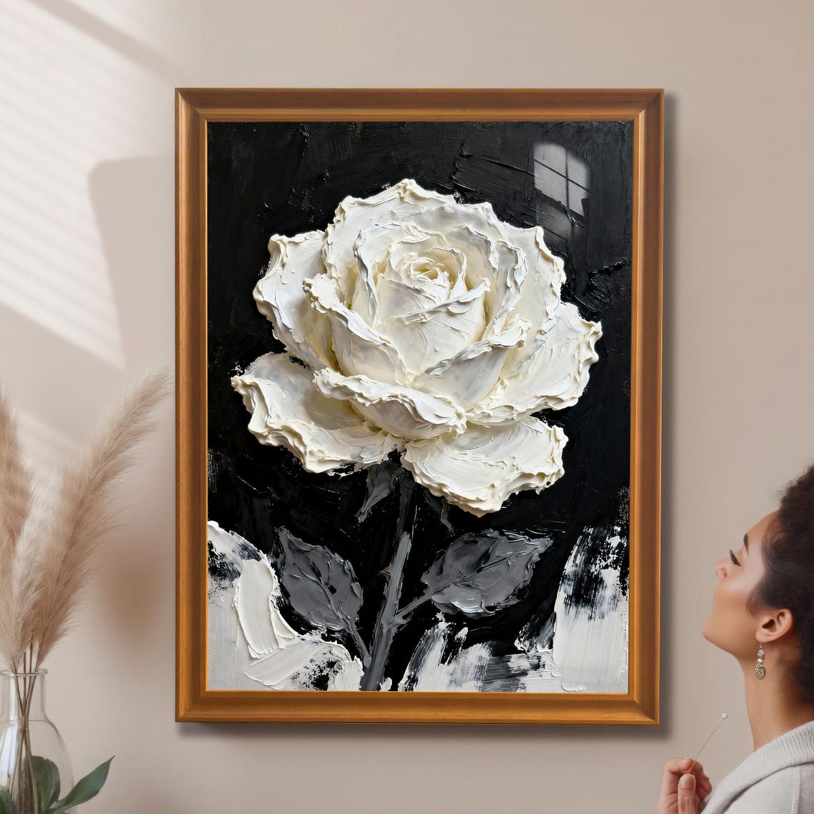 Single White Rose Impasto Painting Dramatic Black Floral Art Print