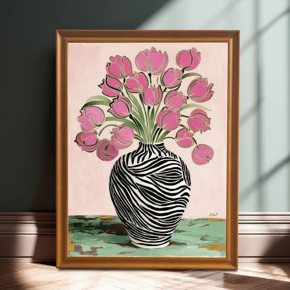 Bold Pink Tulip Zebra Vase Art Print