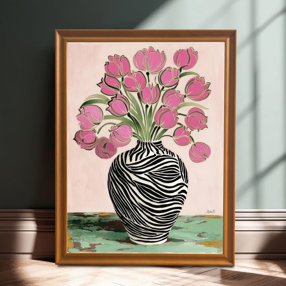 Bold Pink Tulip Zebra Vase Art Print
