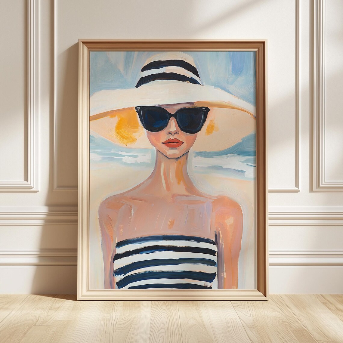 Striped Swimsuit Woman Minimalist Beach Fashion Art Print