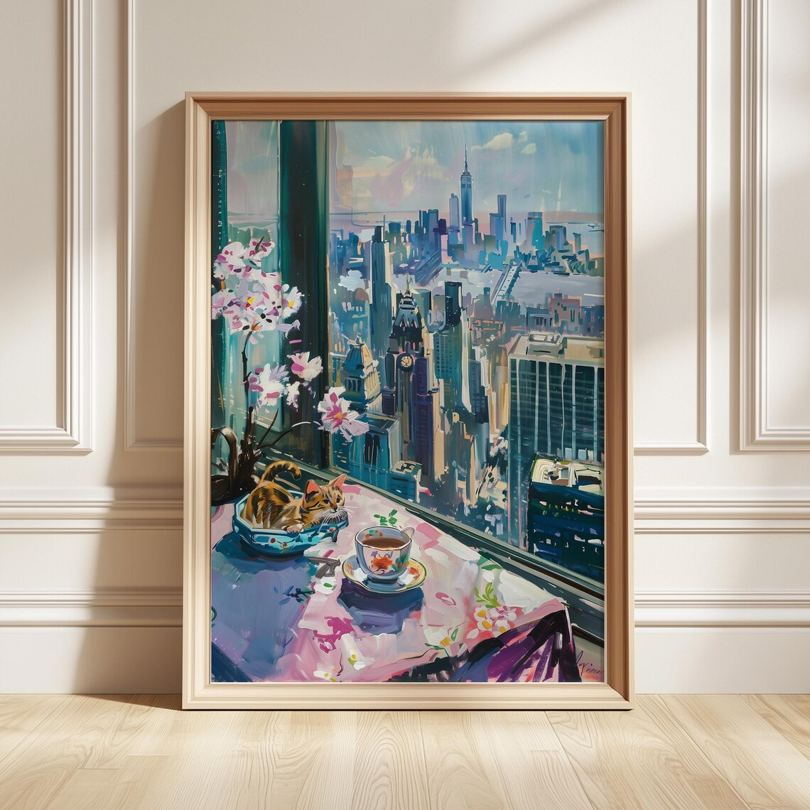 New York Cat Skyline Art Poster Manhattan Window Cozy Feline Painting