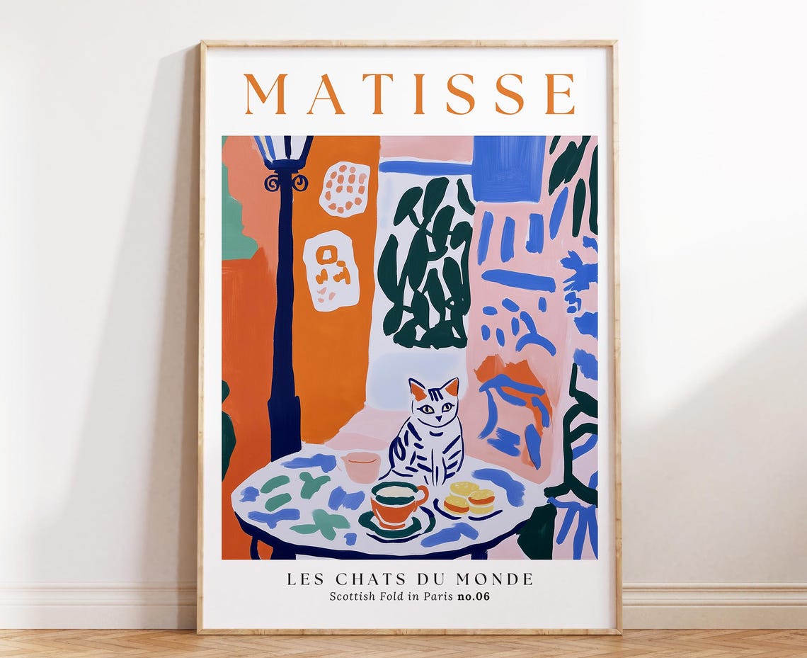Matisse Style Scottish Fold Cat Parisian Cafe Macarons Poster